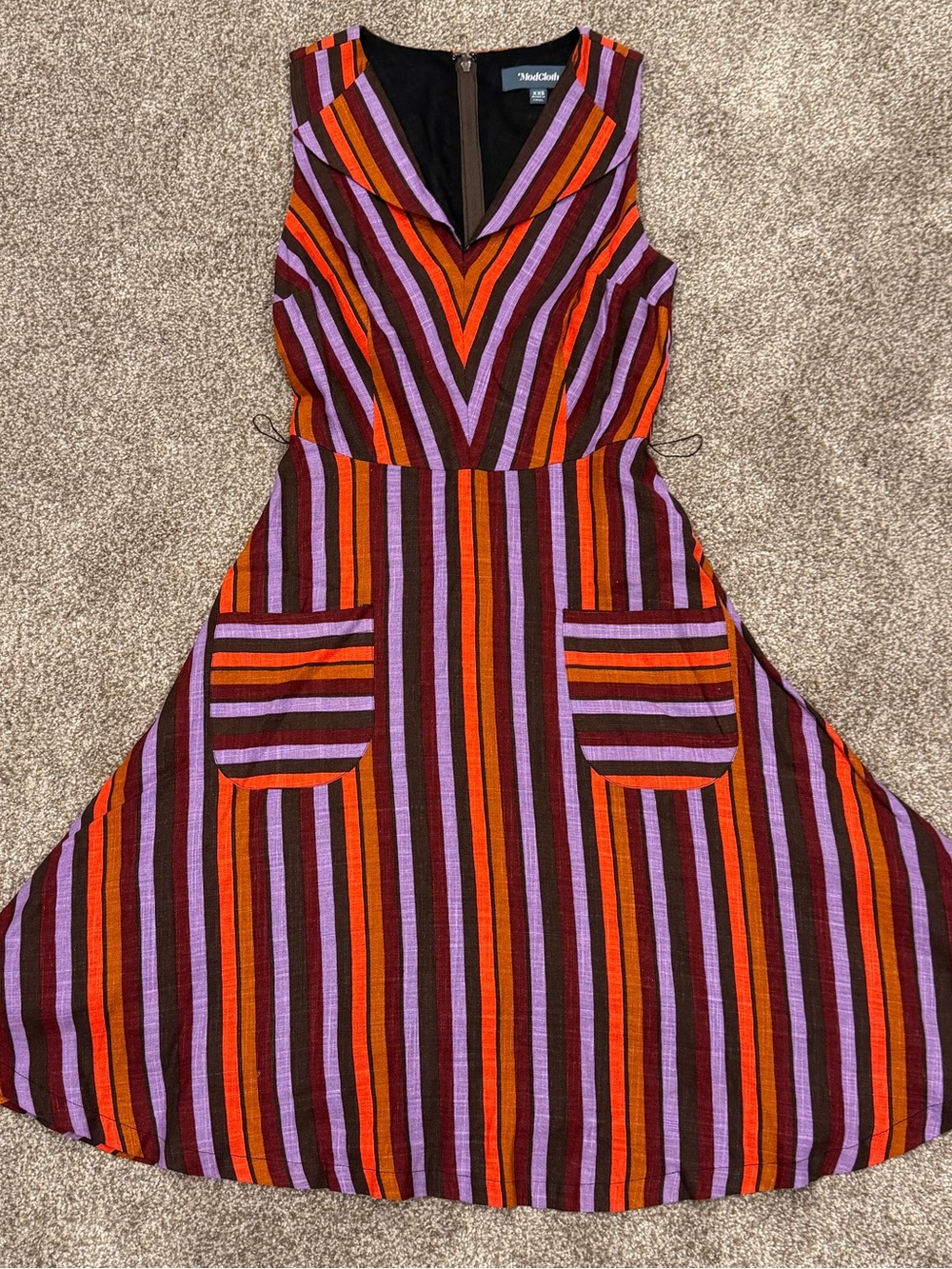 ModCloth Purple, Red, Orange and Brown Striped Mod Mini Dress